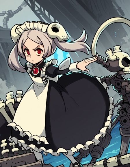 score_9, score_8_up, score_7_up, source_anime, <lora:skullgirls-marie-ingame-ponyxl-lora-nochekaiser:1>, marie, hair ornament, red eyes, twintails, skull, skull hair ornament, grey hair, forehead,, apron, maid, maid headdress, long sleeves, wrist cuffs,, dam, water, concrete, structure, height, , hands behind back, bent over,, looking at viewer, solo,, dutch angle, cowboy shot