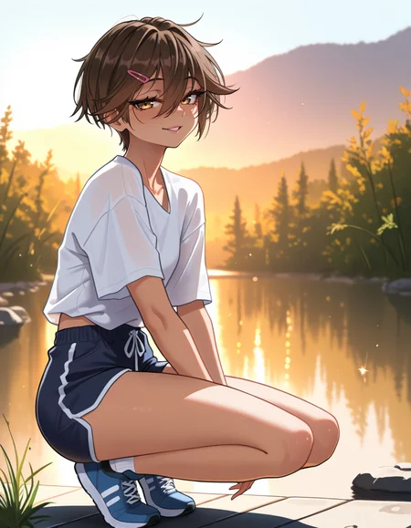 masterpiece, best quality, very aesthetic, absurdres,
outdoors,
full body, seductive smile, parted lips, long eyelashes,
<lora:Sasha_v01_NAIXL:1>
S4sh4,1girl,solo,tomboy,short hair,brown hair,hairclip,hair between eyes,brown hair,bangs,