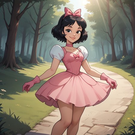 score_9, score_8, BREAK, solo, total drama, 1girl, black hair, white skin, pink hair bow, black eyes, lips, pointy nose, pink neck band, pink small dress, light pink gloves, bare legs, pink footwear, Ella_(\Total_Drama\), tdpi, cute, sexy pose, self portrait, smile, outdoors, sunlight, shadows, evening lighting, natural lighting, forest, trees, grass, orange sky, sunset