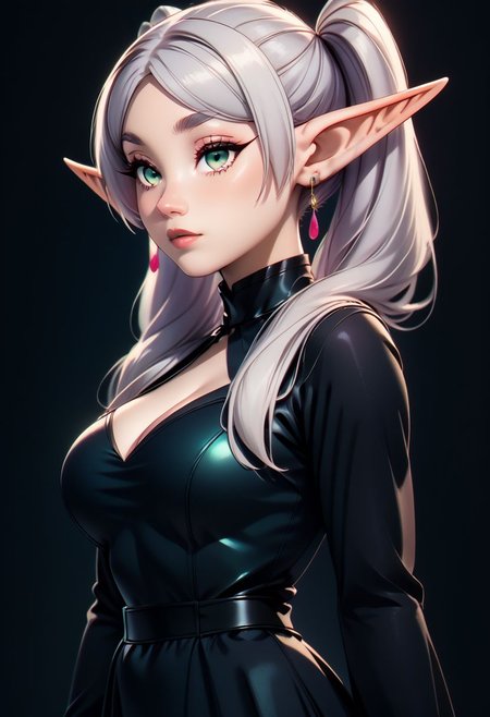score_9, score_8_up, score_7_up, score_6_up, score_5_up, score_4_up score_9,score_8_up, digital art, upper body shot, realistic 3D illustration, 
BREAK,
zzFrieren, long hair, twintails, green eyes, grey hair, pointy ears, elf, black dress, 
BREAK, 
subsurface scattering, soft lighting, contemplative expression, dark background, subtle makeup, high-resolution, detailed texture, emotional depth, dramatic mood, side profile, serene atmosphere, cinematic lighting. perfectly round breasts, big breasts, firm breasts, SkinHairDetail, eye contact