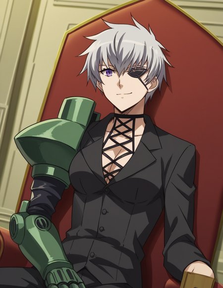 score_9, score_8_up, score_7_up, source_anime,
agknajenda, <lora:agk-najenda-s1-ponyxl-lora-nochekaiser:1>,
najenda, short hair, purple eyes, grey hair, eyepatch,
cleavage, formal, suit, cyborg, single mechanical arm, prosthesis, long sleeves, pants, black pants, armor, shoulder armor, gauntlets,
indoors, throne sitting, smile,
cowboy shot, solo, dutch angle, looking at viewer,
