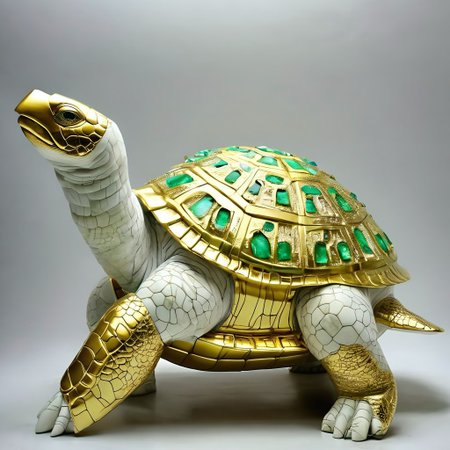(masterpiece, best quality, ultra-detailed, realistic), cstatuesdxl, ancient ruins, giant turtle statue made of white marble with gold, shell incrusted with green jewels, eyes replaced with green jewels, luster