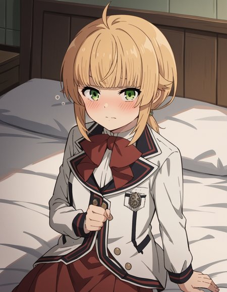 score_9, score_8_up, score_7_up, source_anime,
norngreyrat, <lora:norn-greyrat-s2-ponyxl-lora-nochekaiser:1>,
norn greyrat, bangs, blonde hair, green eyes, ahoge,
long sleeves, bow, school uniform, jacket, bowtie, red bow, skirt, red skirt, white jacket,
indoors, bed, bed room, on side, blush, drunk,
solo, dutch angle, looking at viewer, cowboy shot,