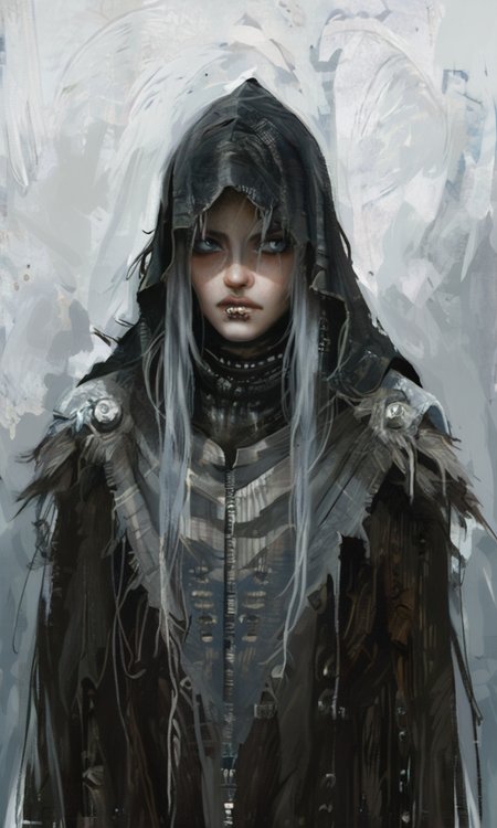 A digital painting of a pale-skinned silver-haired anime character with piercing blue eyes wearing a dark cloak. The background is a rich textured blend of deep reds and browns creating a dramatic intense atmosphere. <lora:- NAI - PdJ_highres_counterweight_V.2.0-step00021000:0.7>   <lora:- NAI - ac_illustration_V1.0-step00011000:.6>