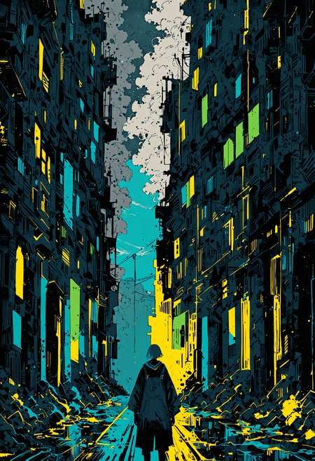 "Create picture with two halves. The left half shows a sunny present time with a bright blue sky, and vibrant colors like yellow and green. The right half depicts a doom and gloom future with a dark, stormy sky, desolate streets, and dark, muted colors like gray and black. Add a clear dividing line in the middle 
OverallDetailXL <lora:MJ52:0.3>  <lora:EpicF4nta5yXL:0.7>