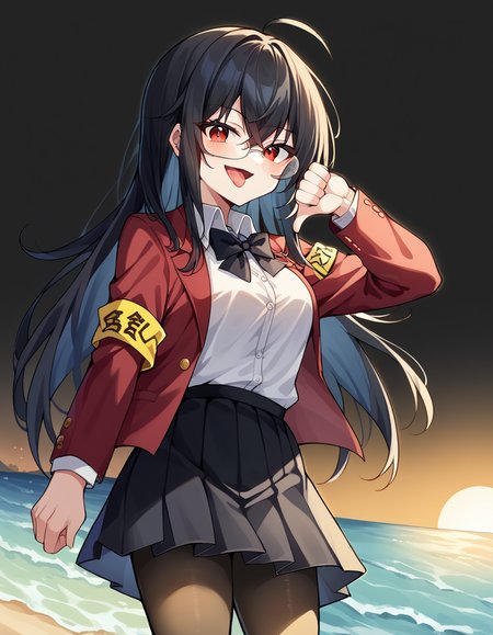 score_9, score_8_up, score_7_up, source_anime, <lora:azurlane-taihou-ponyxl-lora-nochekaiser:1>, taihou, red eyes, black hair, bangs, crossed bangs, ahoge, very long hair, sidelocks,, armband, bespectacled, black bow, blak bowtie, black skirt, bowtie, collared shirt, glasses, jacket, long sleeves, open clothes, open jacket, pantyhose, pleated skirt, red jacket, school uniform, shirt, skirt, white shirt, yellow armband, beach, sunset, walking along shore, footprints in sand, waves, peaceful, , <lora:thumbs-down-ponyxl-lora-nochekaiser:1>, thumbs down, blush, from below, smug, tongue, tongue out, open mouth, black background, looking at viewer, solo,, dutch angle, cowboy shot