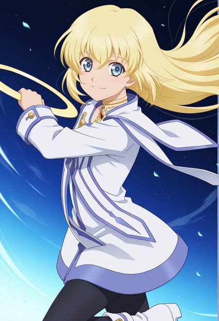 gradient background, dark blue background, particle effects, 
BREAK,
light smile, holding chakram, action pose, dynamic pose, yelow chakram,
cowboy shot, dynamic angle,
BREAK,
<lora:coletteX2_illustriousXL_v07:0.9>
colettedef, blonde hair, blue eyes, long hair, hair between eyes, 
choker, red gemstone, chest jewel,
blue trim, white robe, 
pantyhose,white footwear,, source_anime, very aesthetic, anime coloring, masterpiece, 
best quality, amazing quality, ultra detailed, very aesthetic, 
detailed background, 
BREAK,