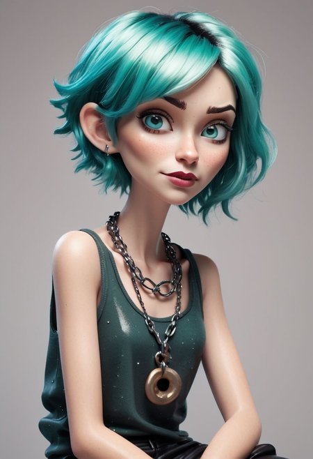 A captivating 3D render of a quirky and adorable claymation woman character. She sports a green gothic girly tank top, baggy very black pants, and chains and necklaces. Her short blue hair is reminiscent of a cubist style, with blue eyes that sparkle with personality. The woman crouches with a confident posture The overall vibe of the illustration is moody, brooding, confident, stylish, vibrant, a dash of whimsy. Glaring posing model glossy cool girl, 3d render, illustration