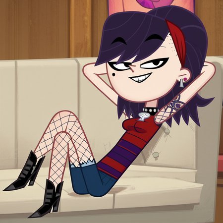 score_9, score_8_up, score_7_up, 1girl, CandyJams, style parody, purple hair, medium hair, makeup, mole, jewelry, medium breasts, narrow waist, wide hips, looking at viewer, smirk, lying, arms behind head, fishnets, crossed legs, highres, high quality, masterpiece, <lora:Candy_Jams:1>