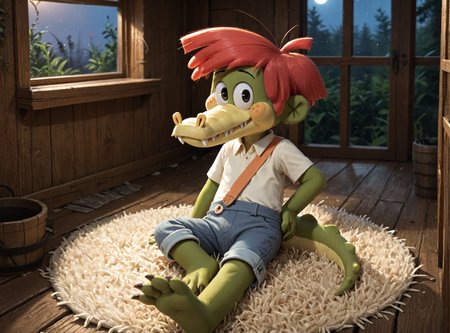 <lora:ArloXL-000070:1>  male, Arlo beauregard, cute, alligator, scalie, black eyes, detailed scales, red hair, young, solo, freckles, green body, night, toony, lying, on side, looking at viewer, on a green carpet, hand on hip, feet, in a cabin, swamp on window, clothed, overalls, yellow shirt, orange strap, BREAK masterpiece, best quality, score_9_up,score_8_up,score_7_up,score_6_up,score_5_up,score_4_up, source_furry, highly detailed, detailed background, absurdres, cinematic lighting, high resolution, 8K, perfect hands, highres, <lora:spo_sdxl_10ep_4k-data_lora_webui:2> <lora:Hyper-SDXL-2steps-lora:1>