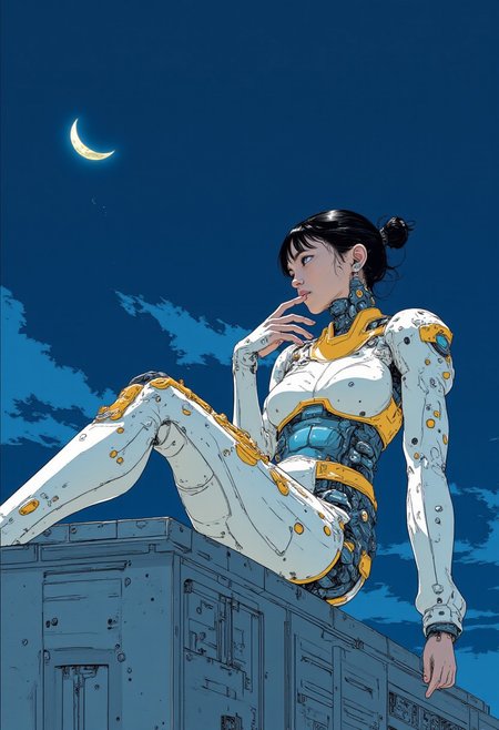 An illustration of a 26 year old Japanese woman. She has black hair tied up in 2 side buns. She has is wearing a white and gold cybernetic bodysuit. She sits on the edge of a roof with her feet over the edge waiting. 
The night sky behind her. A crescent moon overhead.