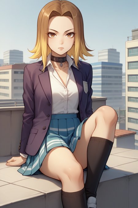 score_9, score_8_up, 1girl, solo, source_anime,  <lora:zs_YumiXL:1>: yumiif, blazer, shirt, pleated skirt, choker, multicolored hair, blonde hair, brown hair, socks, school building, roof, looking at the viewer, sitting
