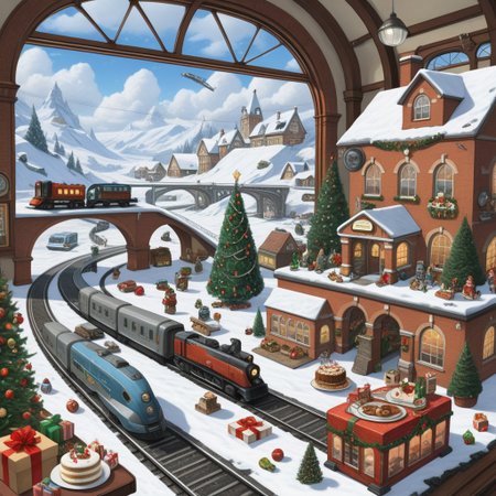 On the grownd in the living room [train station, bridge, window, science fiction, traditional media, motor vehicle, day, vehicle focus, road, gift, railway, christmas, food, cloud, box, cake, fireplace, plant, weapon, snow]
