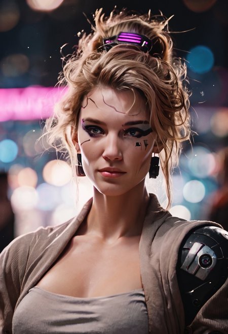 score_9, score_8_up, score_7_up, cyborg, ar3na1989, Kodak Motion Picture Film Style, 1girl, blonde hair, (neon purple light), (eye makeup), updo hair, bounty hunter, (bokeh), sci-fi, dark atmosphere, moody, cybernetic implants, aesthetic,