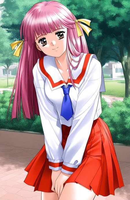 general,highres, ultra-detailed,very aesthetic,best quality ,best hands, BREAKã <lora:Sakuragi_Mai_Doukyuusei_Ver2.0_IS:1>
Sakuragi_Mai(Doukyuusei), 1girl, solo, pink hair, long hair, hair ribbon, brown eyes, bangs, yellow ribbon, breasts,
serafuku, white sailor suit, long sleeves, red sailor collar, blue necktie, pleated skirt, v arms,
red skirt, standing, outdoor, day, park, cowboy shot, thighs, looking at viewer, smile,