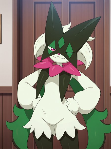 masterpiece, best quality, amazing quality, very aesthetic, absurdres, newest,  anime screenshot anime coloring, <lora:MeowscaradaIllust:1>masquernyaillust, pokemon (creature), furry, solo, no humans, smile, pink eyes  standing,  smug, wink, hands on own hips,