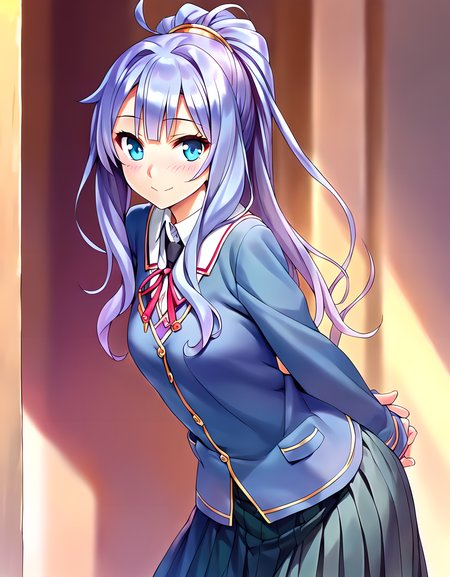 <lora:pony_xl_Priscilla:0.8>,Priscilla,score_9,score_8_up,score_7_up,source_anime,1girl,solo,looking_at_viewer,looking in love,upper eyes,smile,:d,blush,cowboy_shot,school_uniform,arms_behind_back,bent_over,