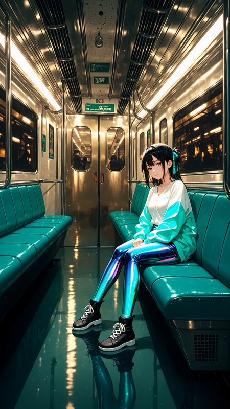vibrant metallic colors, (Matte_Painting:1.8), detailed face,
1 female, expressionless, black hair, hair ribbon, Subway,sitting, aqua seats, metallic pipes, reflective wall,