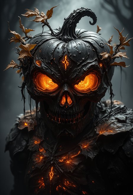 FredFraiStyle, Magical dark fantasy, surreal,"A hyper-detailed, nightmarish pumpkin-skullheaded creature, with deep, glowing orange eyes that are smoldering with dark mythical magic, the glowing eyes shine menacingly in the darkness. The creature's face is twisted into a horrifying skeletal grin, with jagged, decayed teeth and deeply etched furrows along the surface of the pumpkin, giving it an ancient and horrifying appearance. Tendrils of glowing orange magic coil and swirl around the creatures body with magical vines growing on its body, crackling and smoldering with an eerie glowing burning energy, enhancing its sinister mythical aura. A thick, dark vine grows from the top of its head, curling ominously into the air, and a single weathered leaf dangles from it. The creatureâs neck and shoulders are enveloped in a collar of large, tattered bioluminescent leaves, their edges rough and thorny, adding to its grotesque, plant-like form. Gnarled, twisted branches grow out from its body, intertwining with the glowing vines, creating a monstrous fusion of nature and horror.
The atmosphere is dark and foreboding, with black mist swirling around the creature as it looms in front of a shadowy, dead forest-like background. The glowing tendrils illuminate the mist, giving the scene a haunting mesmerizing glow. The scene is bathed in eerie, cinematic lighting, casting deep shadows that heighten the creatureâs otherworldly and terrifying presence. The overall mood is mystical, dark, and sinister, with a chilling sense of unease as the creature seems to emerge from a nightmarish realm. Hyper-realistic textures, sharp details on the pumpkinâs surface and head, intricate veins on the leaves, and a general feeling of dread as if the creature is alive and watching. micro bokeh, glowing, magical, etherial, "
<lora:FredFraiStyle-FLUX-Share:0.95>
<lora:Ars_MidJourney_Style_-_Flux:0.6>
<lora:- Flux1 - vanta_black_V2.0:0.55>
<lora:FLUX_faetastic:1>
