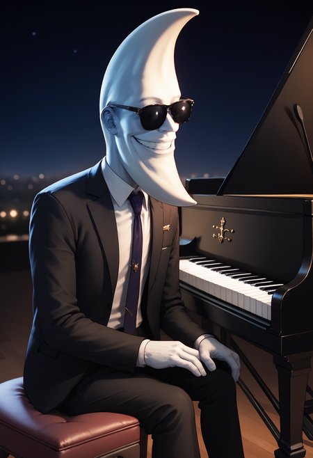 score_9, score_7_up BREAK grand piano, sitting, playing piano, male focus,moonman,crescent moon head shape,sunglasses,wearing business suit,necktie,formal,grin,night,stars <lora:grandpiano-concept-richy-v1_pdxl:1>  <lora:Moon_Man:1>