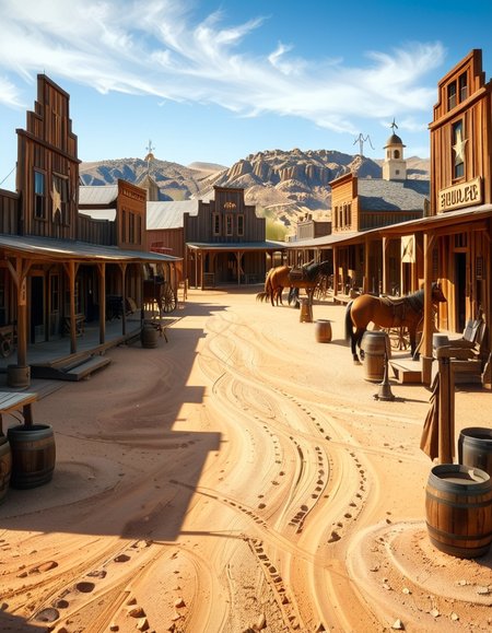 A classic Wild West town in the late 1800s, surrounded by arid desert and towering rock formations. The dusty main street is lined with wooden buildings, including a saloon with swinging doors, a sheriffâs office with a star emblem, a general store with a wooden sign, and a blacksmithâs shop with tools hanging outside. Old-fashioned wooden wagons are parked along the street, and a few horses are tied to hitching posts. The atmosphere is lively, with cowboys wearing wide-brimmed hats, boots, and leather dusters walking around, some talking near the saloon while others ride horses. The sky is bright blue with a few wispy clouds, and the sunlight casts long shadows on the ground. In the background, a water tower stands tall, and a windmill slowly turns in the breeze. The scene is full of rustic details, evoking the adventurous spirit of the American frontier.<lora:SDXLFaeTastic2400:0.4> <lora:extremely_detailed:0.4> extremely detailed, <lora:Western_v1ll4g3:1>,Western v1ll4g3, Masterpiece,best quality,hi res,8k,hi res,8k,award winning,(sharp focus, intricate, highly detailed),