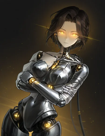 lucy,1girl, solo, android, looking at viewer, v,yellow eyes, glowing eyes,crossed arms,Dynamic Angle
 <lora:Lusyreverse1999:1>,, (masterpiece, best quality, high quality, highres, ultra-detailed),
