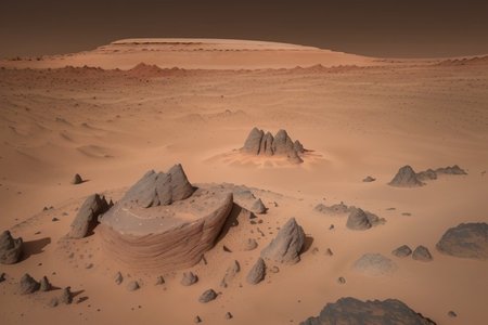 surface of Mars, a giant 30 foot tall statue of a frog is atop an outcrop hill of black rock, the statue is made of smooth polished rose quartz, translucent in the dim sunlight, red desert dune landscape, bewildering discovery, stunning lighting, shadows, realistic, amazing statue begs the question of who built such a fantastic and flawless scultpure