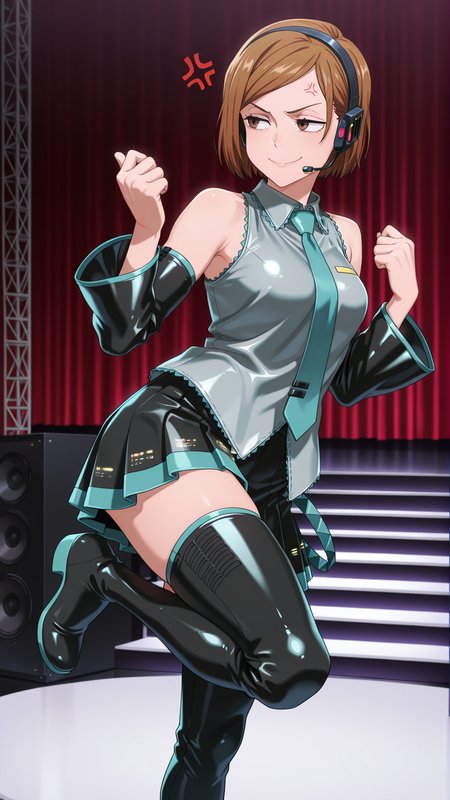 masterpiece,best quality,amazing quality, 1girl, solo,  <lora:IlluNobara:1> illuobara, short hair, brown hair, brown eyes, cosplay, hatsune miku \(cosplay\), detached sleeves, necktie, thigh boots, headset, stage, annoyed, smile, standing on one leg, anger vein, looking to the side, hands up,