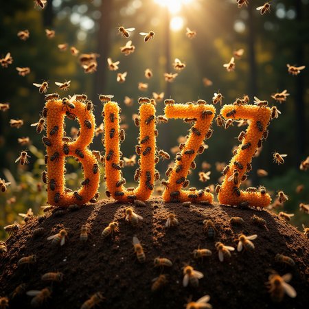 A huge and thick swarm of (bee's forming the word "BUZZ")) in the air over a beehive, high resolution, highly detailed, photorealistic, cinematic/ detailed digital hyper realistic intricate details, HDR, beautifully shot, hyper realistic, sharp focus, 64 megapixels, perfect composition, high contrast, cinematic, atmospheric, moody