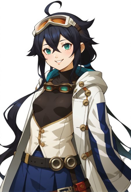 score_9, score_7_up, source_anime, BREAK <lora:zs_SMTIVPortraitsXL_2:1> smtivportraits, portrait, white background,, smile, 1girl, teal eyes, (black hair:1.2), low ponytail, ahoge, absurdly long hair, hair flaps, hair between eyes, crossed bangs, small breasts, (goggles on head:1.2), hooded coat, open coat, black turtleneck, blue half-skirt, pants, black knee boots, multiple straps, white coat, layered clothes, blue hair ribbon, pants under skirt, belt, chest belt,