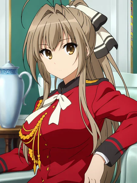 <lora:Isuzu_Sento:0.8>, sento isuzu, 1girl, solo, brown eyes, long brown hair, antenna hair, ponytail, hair ribbon, military uniform, red jacket, white bowtie, epaulettes, aiguillette, closed mouth, sitting on chair, arm on armrest, turning head, looking at viewer, upper body, indoors, vase on table, green chair, white wall, palace