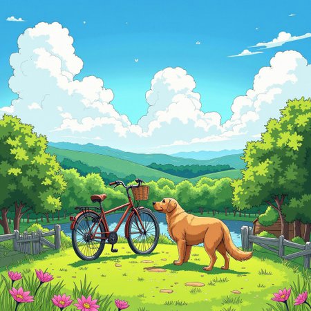co3y parvdize, This is a vibrant, digitally created illustration depicting a charming , A Bike is parked on a hill top and beside the bike is golden retriever dog , the scenery includes beautiful green trees and pink flowers , the setting is in the afternoon and the feel is beautiful and magical.