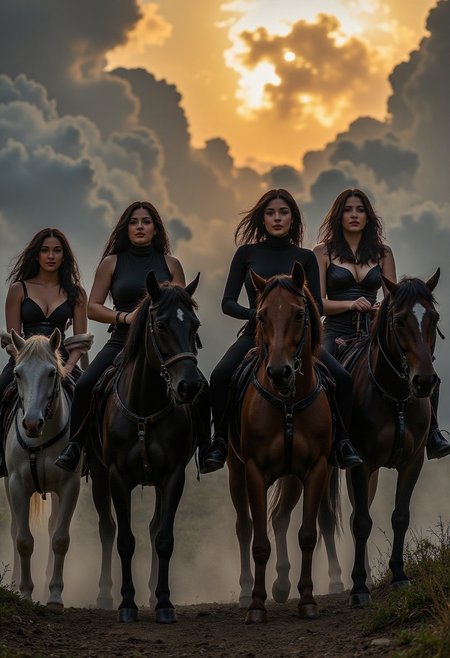 four beautiful women on horses representing the four horsemen of the apocalypse. A dystopian scene as the women ride the horses, dark angelic women,