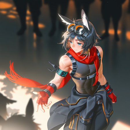 1boy, courier \(arknights\), courierarknights, deer ears, animal ear fluff, medium hair, aqua eyes, tanned skin, (artist:penguin frontier, artist:krenz, artist:yoneyama mai:1.2), nyalia, from above, depth of field, dim lighting, tree shade, crowd, light smile, red scarf, armband, goggles on head, tooth hair ornament, orange goggles, welding goggles, red gloves, fingerless gloves, black sleeveless bodysuit, chest harness, black jacket around waist, black pants, masterpiece, best quality, newest, absurdres, highres, uncensored, <lora:nyalia:0.4>, <lora:lora-000008.TA_trained:0.8>