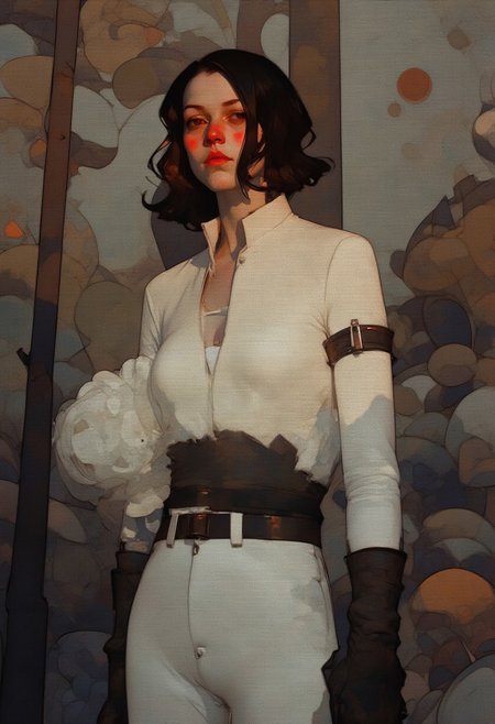 A dramatic composition features a deadly assassin dressed in a sleek white modern outfit, posing against a backdrop of creative abstract shapes, predominantly gray and brown hues. The lighting is dimly lit, with flashes of crimson accentuating her determined expression. Steve McDonald Art