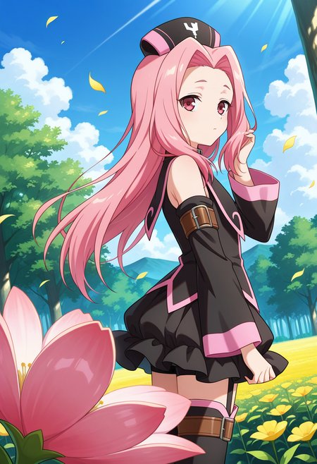 BREAK,
hand on hair, emotionless, looking sideways, 
cowboy shot, dynamic angle,  close up,  from side,
BREAK,
<lora:arietta_illustriousXL_v04:0.95> 
ariettadef,  pink hair, pink eyes, very long hair, parted hair,  black headwear,
zettai ryouiki, detached sleeves, frills, black dress,  
garter straps, thighhighs, thigh boots, 
BREAK,, source_anime, very aesthetic, anime coloring, masterpiece, 
best quality, amazing quality, ultra detailed, very aesthetic, 
detailed background, 
BREAK,, forest, flowers, clouds, day, floating leaves,