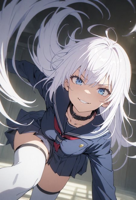 score_9, score_8_up, score_7_up, score_6_up, masterpiece, best quality, absurdres, cinematic, dynamic, perfect composition, solo, 1girl, gojou satoru, blue eyes, white hair, long hair, medium breast, collar, school uniform, short skirt, thigh highs, smirk, standing, close up, looking at viewer,