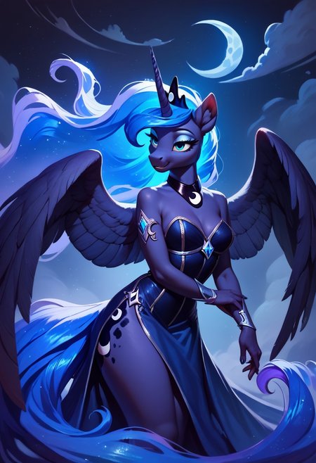 score_9, score_8_up, score_7_up, score_6_up, realistic illustration, Princess Luna \(mlp\), anthro, curvy,  beautiful girl , moon royal regalia, long glowing galaxy hair, blue silky dress, glowing, (blue glowing night theme:1.3), big pegasus wings, tail, horn, cold expression, blue clouds