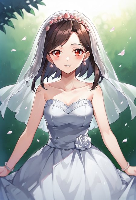 score_9, score_8, score_7, source_anime, wedding dress, 1girl, solo, bare shoulders, looking at viewer, blush, bridal veil, red eyes, smile, jewelry, collarbone