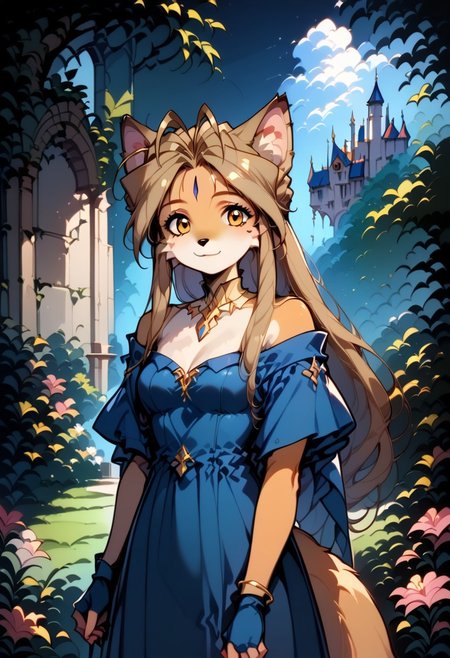 masterpiece, best quality, very detailed,score_9, score_8_up, score_7_up, source_anime, 1girl, solo, looking at viewer, Belldandy, Belldandy as a fox, long fox ears, with ear fluff, animal nose, dirty blonde hair color,long hair, fox tail, golden eyes, with cheek fluff, round face,  (hand pose, standing:1.2), looking at viewer, flirty facial expression,  dress, jewelry, earrings, bracelet, cleavage, blue dress, white dress, fingerless gloves, dethatched wings, dethatched angel wings, choker, collarbone, bare shoulders, gold choker, strapless, shawl, gold trim, wind lift, outdoors, garden, low light, dramatic lighting, night, bush, large stone castle in background contrapposto, legs apart, standing, hip focus, cowboy shot, grass, flower, pink flower, light smile, closed mouth, stain remover, hair ornament, flower, lily, solo, haplogroup D1a1a1, high quality, masterpiece, portrait, Hmong, Expressive,  retro art style, Vintage, 1990s \(style\) (female anthro: 1.2), <Anthro Fox Lora for Pony:0.6>, <lora:princess_xl_v2:0.75 > <lora:OldAnimeStyle_XL_v3:0.5> <lora:Expressive_H:1>