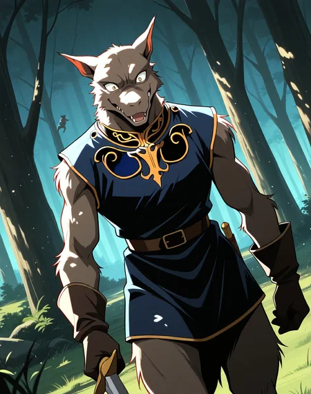 <lora:Kobold_(Record_of_Lodoss_War)_(Illustrious)_(AD):1> kobold, muscular, Record of Lodoss War, 
dutch angle, exterior, battleground, dynamic action, dutch angle, fantasy forest, nature landscape, 
kobold soldier, no pants, fur tail, furry body, cowboy shot, sword, 
BREAKvery awe, aesthetically pleasing, masterpiece, best quality, amazing quality, very aesthetic, perfect depth of field shot, masterclass color theory, in'ei, gradient style coloring, source_anime, masterclass anime, 
Smooth Quality, lazympos, IllustQualXL_Pos,