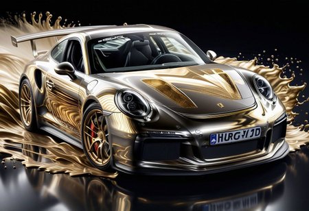 GOLD LIQUID METAL Porsche 911 GTS racing through SILVER LIQUID METAL, liquid metal sprays up from the cars tyres, Car drifting in a black void, wording above the car says "DICE"
