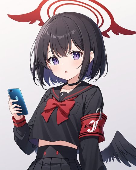 mashiro \(blue archive\),1girl, solo, holding_phone, halo, armband, black_skirt, looking_at_viewer, black_serafuku, pleated_skirt, long_sleeves, smartphone, open_mouth, black_shirt, red_bowtie, black_sailor_collar, cowboy_shot, black_wings, arm_behind_back, hand_up, gradient_background, gradient, white_border, feathered_wings, :o, low_wings, two-tone_background
<lora:mashiro_(blue_archive)_image575_2023-11-28-000015:1>halo. gorgeous,key visual, vibrant, studio anime,award-winning, professional, highly detailed,high budget, cinemascope