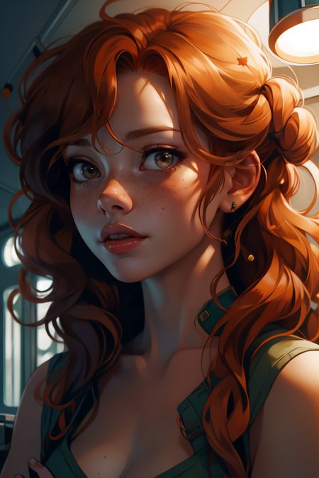hcarolin, a woman in a white suit standing in a room with lights on the ceiling and a circular light behind her, Star Trek setting, retrofuturism, freckles, crossed arms, 
masterpiece, best quality,     <lora:backlight_slider_v10:-1.5>,  <lora:contrast_slider_v10:2>