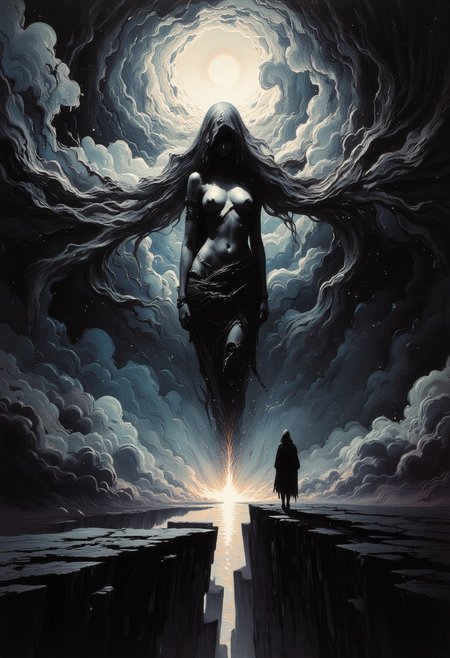 An oil painting depicting a beautiful female,in which bold,aggressive strokes of acrylic paint emerge from deep shadow,creating a dynamic interplay of light and darkness.The thick application of acrylic paint forms a textured surface,enhancing the sense of depth and dimensionality.Applied in a parallax style,the acrylic paint fluctuates with changes in perspective,revealing rich halftones and subtle variations in hue.This dramatic composition invites exploration,with swirling shapes and jagged edges that evoke a sense of movement and chaos,transforming the canvas into an immersive experience of visceral energy.breasts in hearts,very dramatic lighting,glare in the light,Mixed media,combining charcoal,and watercolor on a large,torn canvas.A haunting,surreal landscape depicting:A solitary figure standing at the edge of a vast,dark abyss.figure's face is obscured by a hood,their body is fragmented,with pieces missing.abyss is filled with swirling,ethereal clouds and distant,flickering stars.Symbolism:represents the search for identity and self-discovery.abyss symbolizes the unknown,subconscious,and the fears that lie within.fragmented body signifies the struggle to find wholeness and unity.faint,glowing thread connects the figure's heart to a distant hole.canvas's torn edges