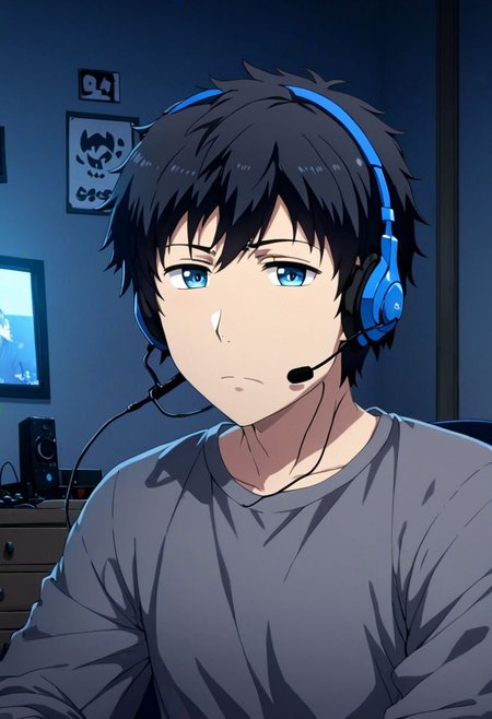 high resolution, solo, best quality, 1Boy, Arata Kaizaki, Black Hair, Blue Eyes, gamer, bedroom, night, pc, sit, headset, portraits, OverallDetail