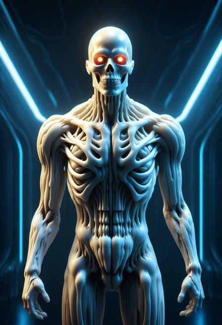 Ultra-detailed cyborg in a spaceship, with anthropomorphic cybernetic skeleton elements on metal armor, neon lights reflections, reflection mapping, intricate design and details, dramatic lighting, hyperrealism, photorealistic, cinematic, 8k --ar 9:16 --v 5