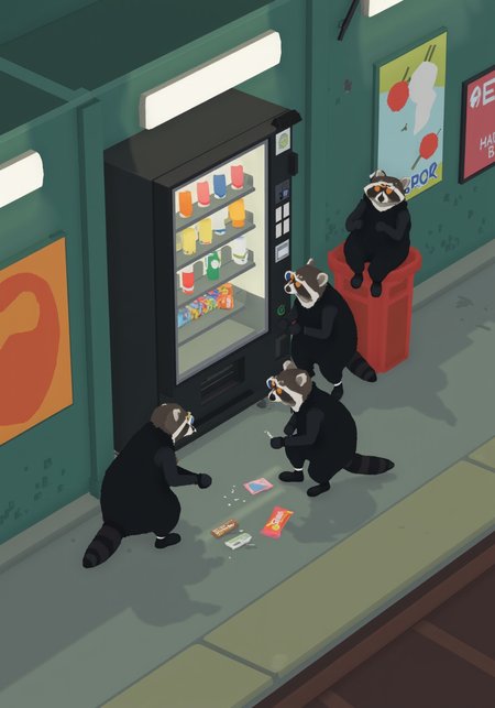overhead perspective g00se art with smooth textureless style with muted pastel palette of, a covert group of raccoons dressed in sleek black outfits and tiny night-vision goggles gather at the base of an old vending machine in an empty subway station, the largest raccoon with a scar across its nose giving signals with one paw, while another expertly jimmies open the coin slot using a bent paperclip, a third raccoon perches on a nearby trash bin, keeping watch, illuminated by the dim glow of flickering fluorescent lights overhead, their lootâa pile of pilfered candy bars and snack bagsâlies scattered around their feet, the gritty walls covered in old graffiti and torn posters create a stark contrast to the raccoonsâ stealthy movements, as they work swiftly to execute their late-night snack heist, a distant subway train rumbles, adding tension to their underground operation<lora:g00se.safetensors:1.1:1.1>