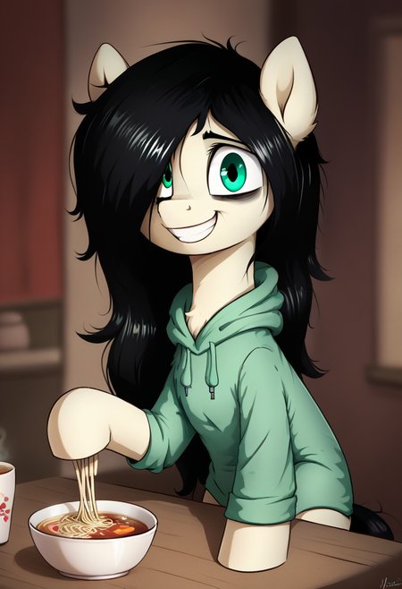 score_9, score_8_up, score_8,   <lora:Floor_Bored_MLP_OC_for_PonyXL:0.8> mare, 1girl, fl00rb0red, pony, long hair, green eyes, black hair, hoodie, hair over one eye, bags under eyes, solo, bedroom, cup noodles, smile, grin,