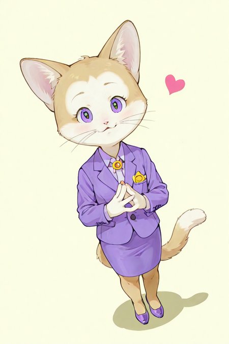 highres, incredible quality, 2d, watercolor, ((detailed face:1, detailed eyes:1)), detailed hands, detailed eyes, good anatomy, miss petunia, cat, furry, furry female, 1girl, whiskers, solo, skirt, cat, furry, suit, formal, pencil skirt, standing, furry female, tail, purple footwear, 1girl, skirt suit,thin eyebrowns, simple background, looking at viewer, hands together, hearts, dynamic angle, (((solo, 1girl))), dynamic pose, dutch angle, from above